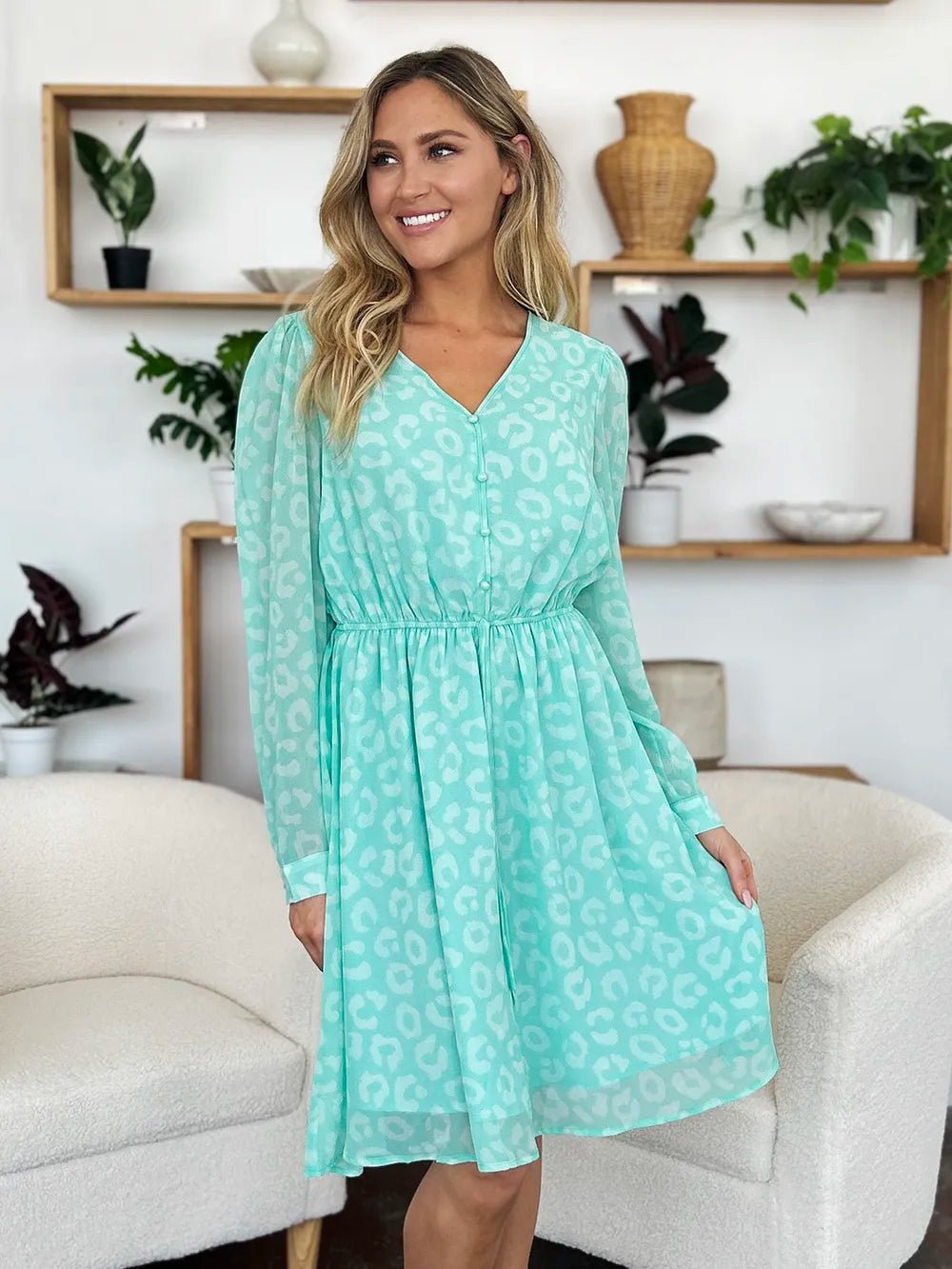 Double Take Full Size Printed Ruched V - Neck Long Sleeve Dress - adritiX