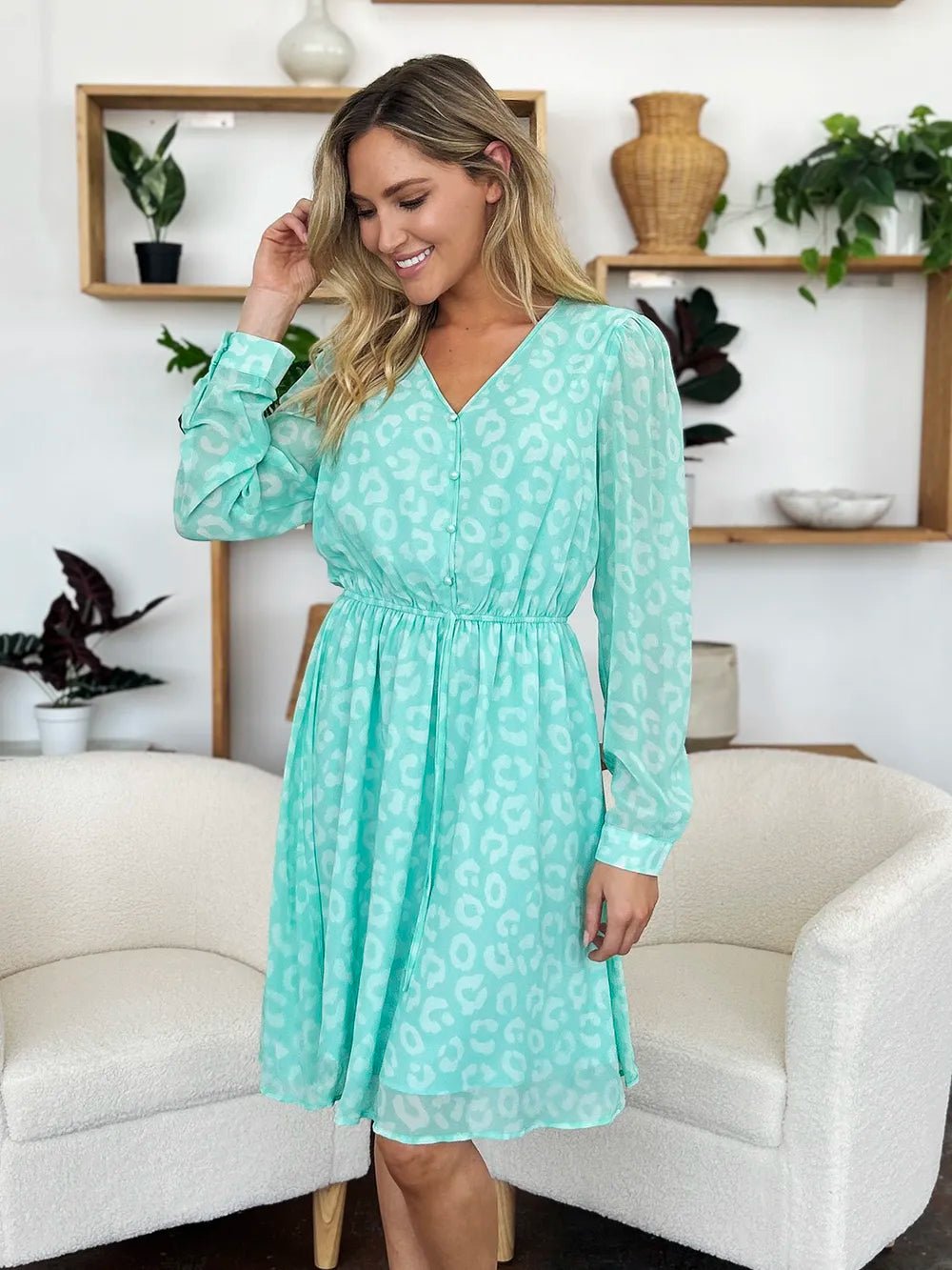 Double Take Full Size Printed Ruched V - Neck Long Sleeve Dress - adritiX