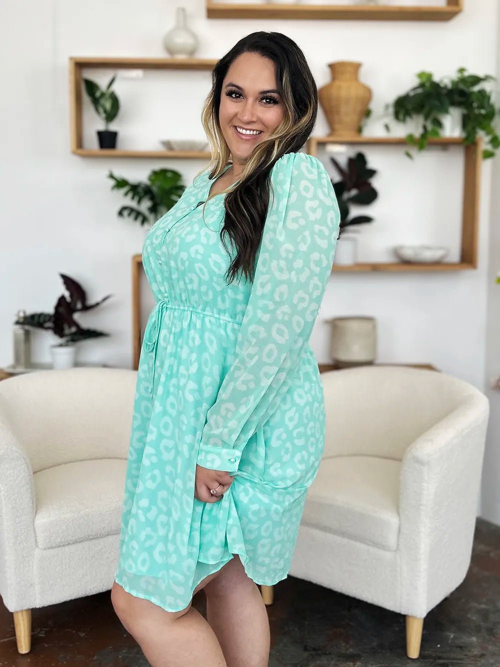 Double Take Full Size Printed Ruched V - Neck Long Sleeve Dress - adritiX