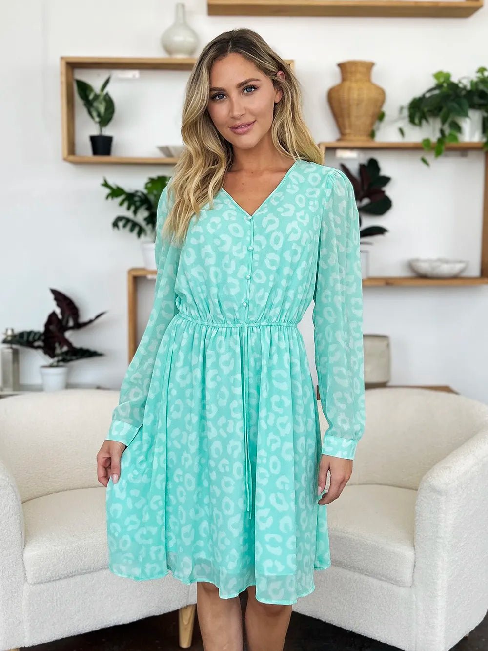 Double Take Full Size Printed Ruched V - Neck Long Sleeve Dress - adritiX