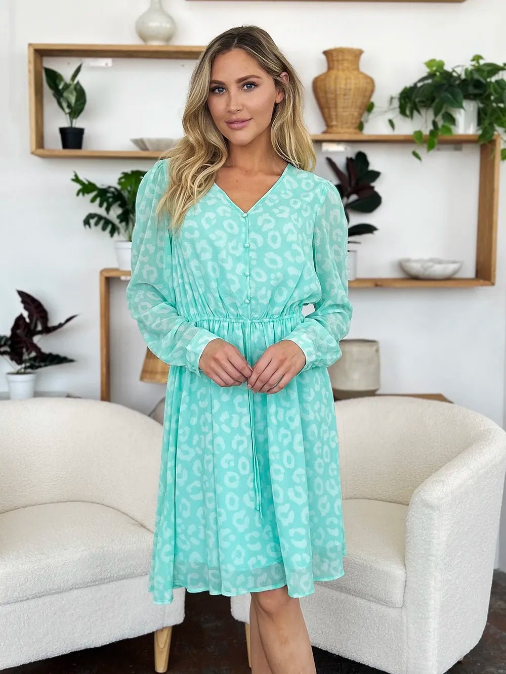 Double Take Full Size Printed Ruched V - Neck Long Sleeve Dress - adritiX