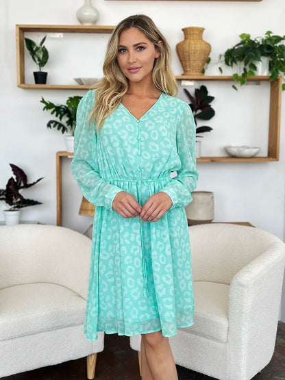 Double Take Full Size Printed Ruched V - Neck Long Sleeve Dress - adritiX
