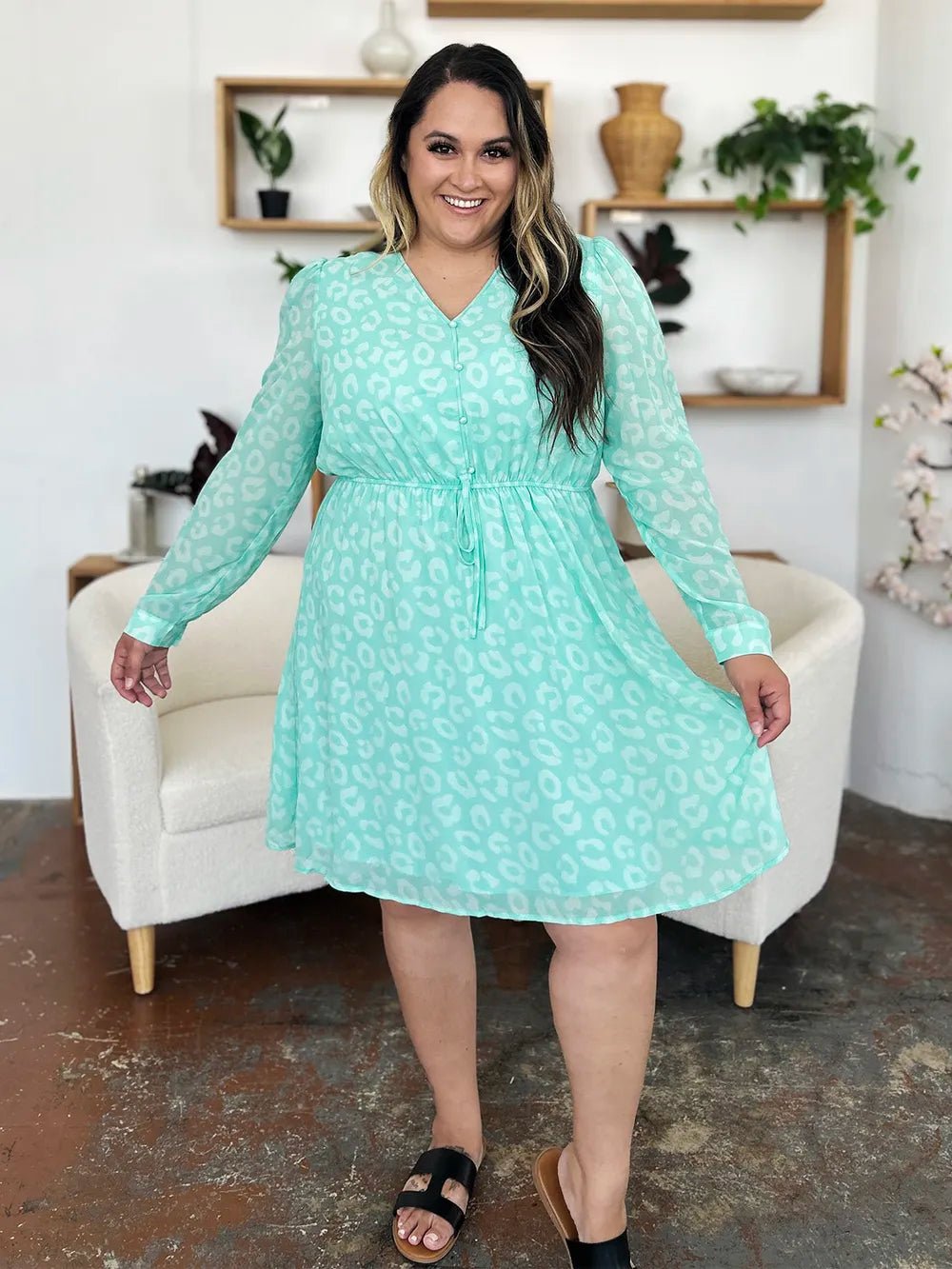 Double Take Full Size Printed Ruched V - Neck Long Sleeve Dress - adritiX