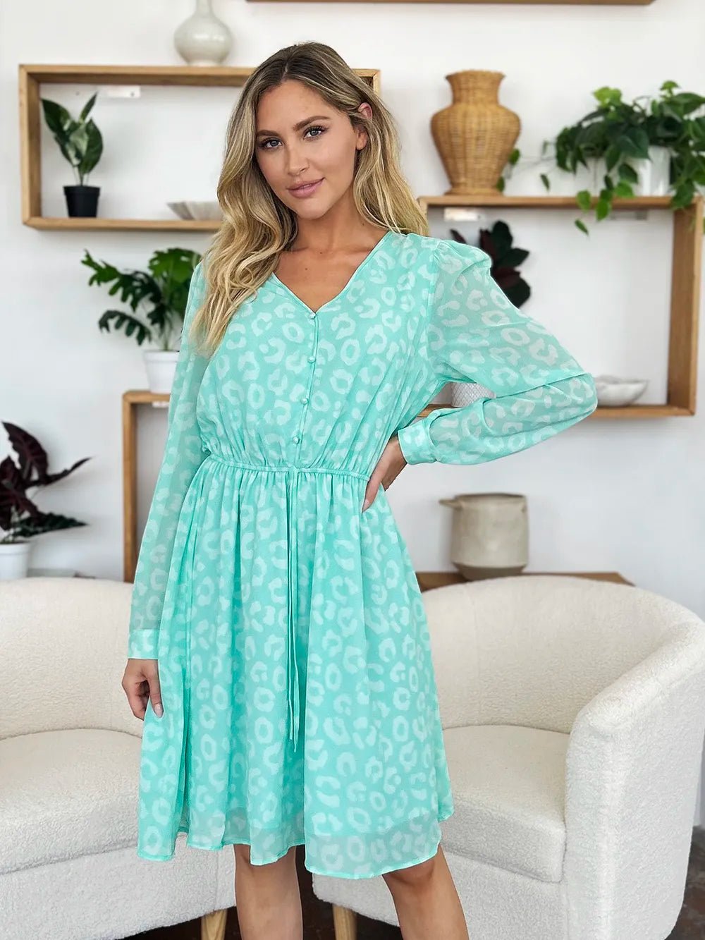 Double Take Full Size Printed Ruched V - Neck Long Sleeve Dress - adritiX