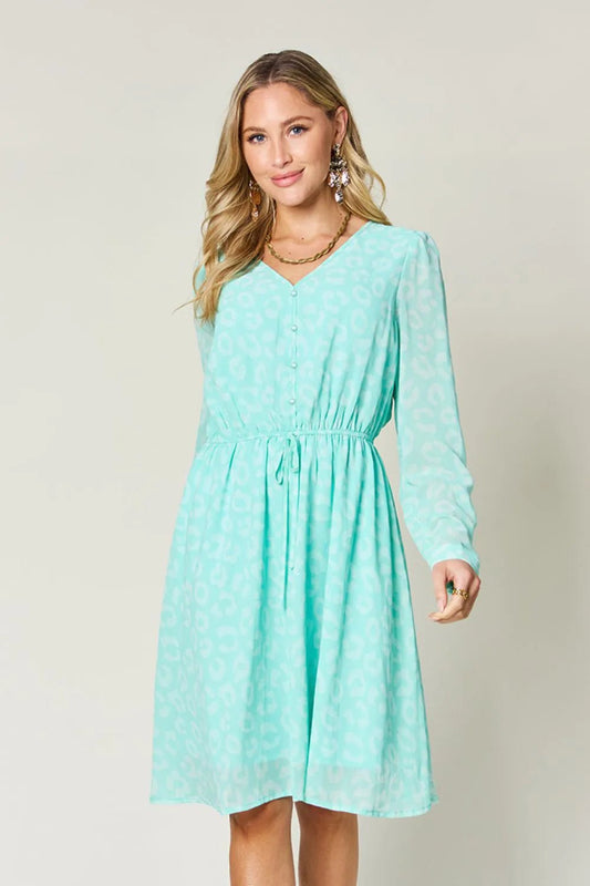 Double Take Full Size Printed Ruched V - Neck Long Sleeve Dress - adritiX