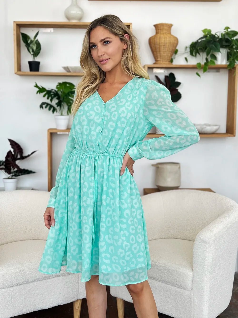 Double Take Full Size Printed Ruched V - Neck Long Sleeve Dress - adritiX