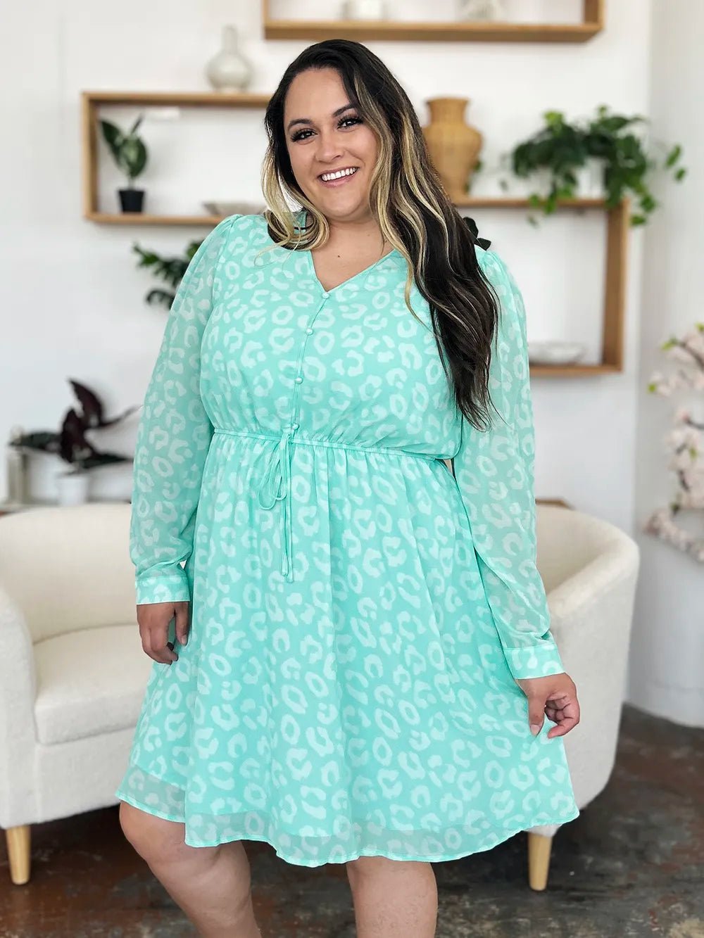Double Take Full Size Printed Ruched V - Neck Long Sleeve Dress - adritiX