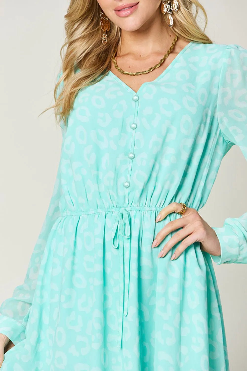 Double Take Full Size Printed Ruched V - Neck Long Sleeve Dress - adritiX