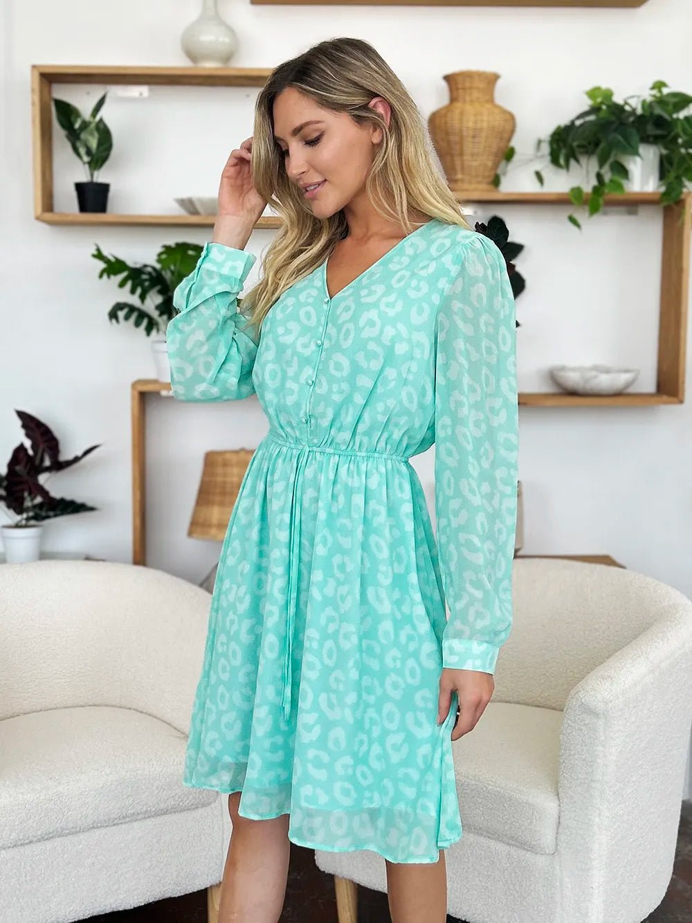 Double Take Full Size Printed Ruched V - Neck Long Sleeve Dress - adritiX