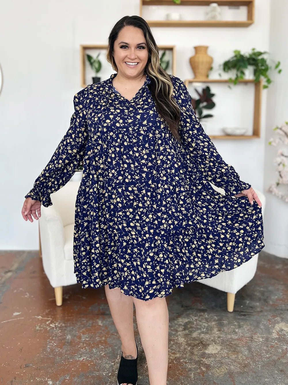 Double Take Full Size Printed Ruffle Hem Long Sleeve Tiered Dress - adritiX