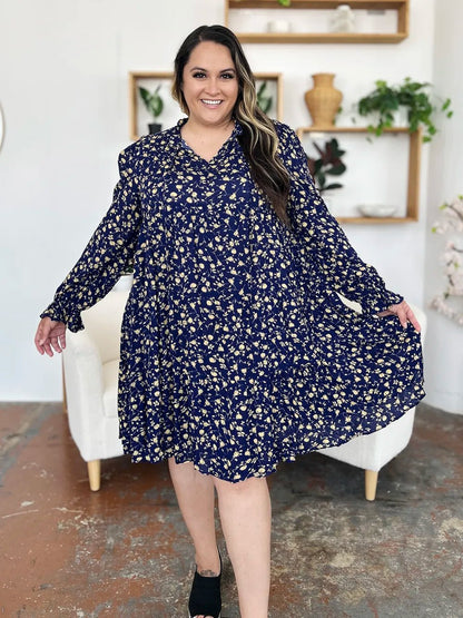 Double Take Full Size Printed Ruffle Hem Long Sleeve Tiered Dress - adritiX