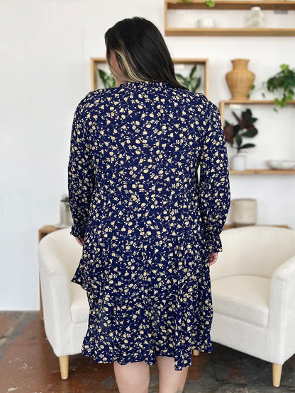 Double Take Full Size Printed Ruffle Hem Long Sleeve Tiered Dress - adritiX