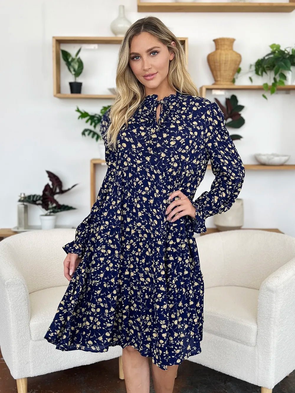 Double Take Full Size Printed Ruffle Hem Long Sleeve Tiered Dress - adritiX