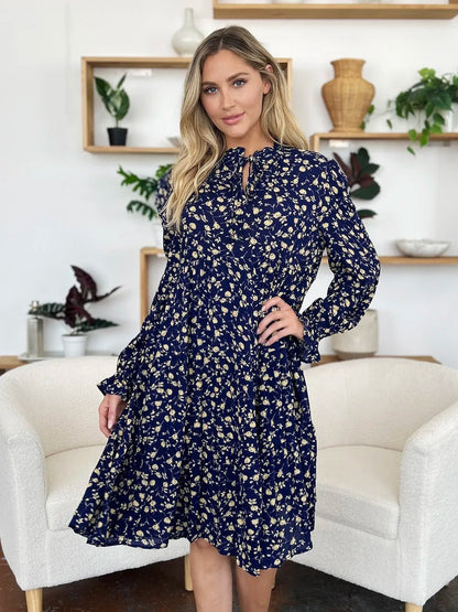 Double Take Full Size Printed Ruffle Hem Long Sleeve Tiered Dress - adritiX