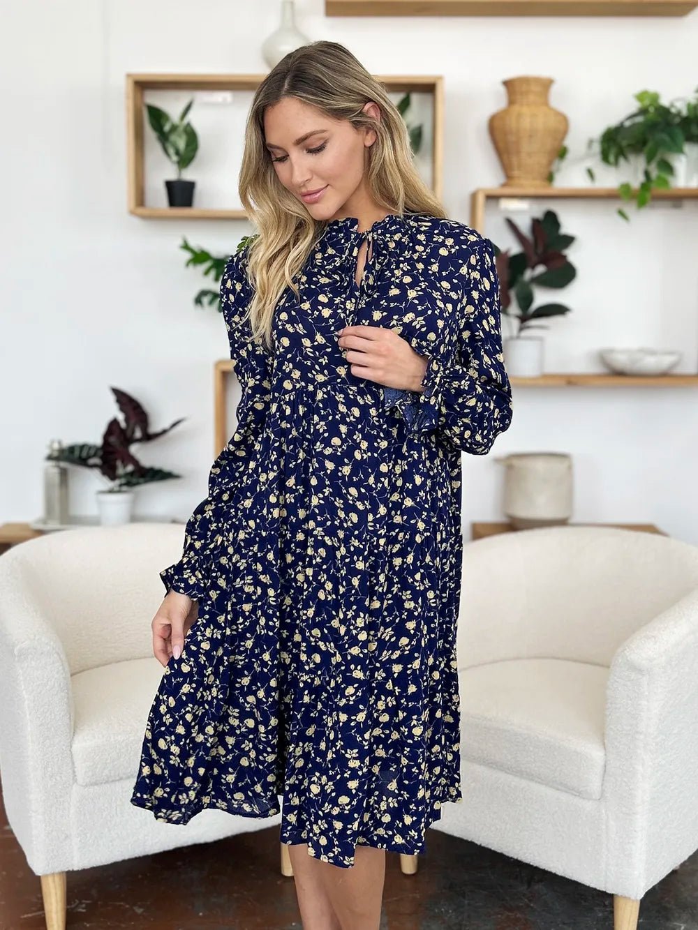 Double Take Full Size Printed Ruffle Hem Long Sleeve Tiered Dress - adritiX