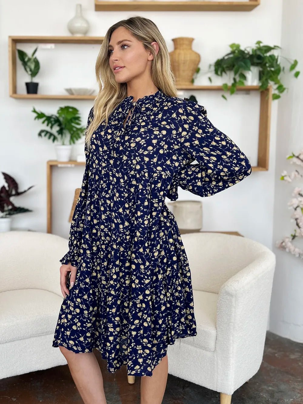 Double Take Full Size Printed Ruffle Hem Long Sleeve Tiered Dress - adritiX