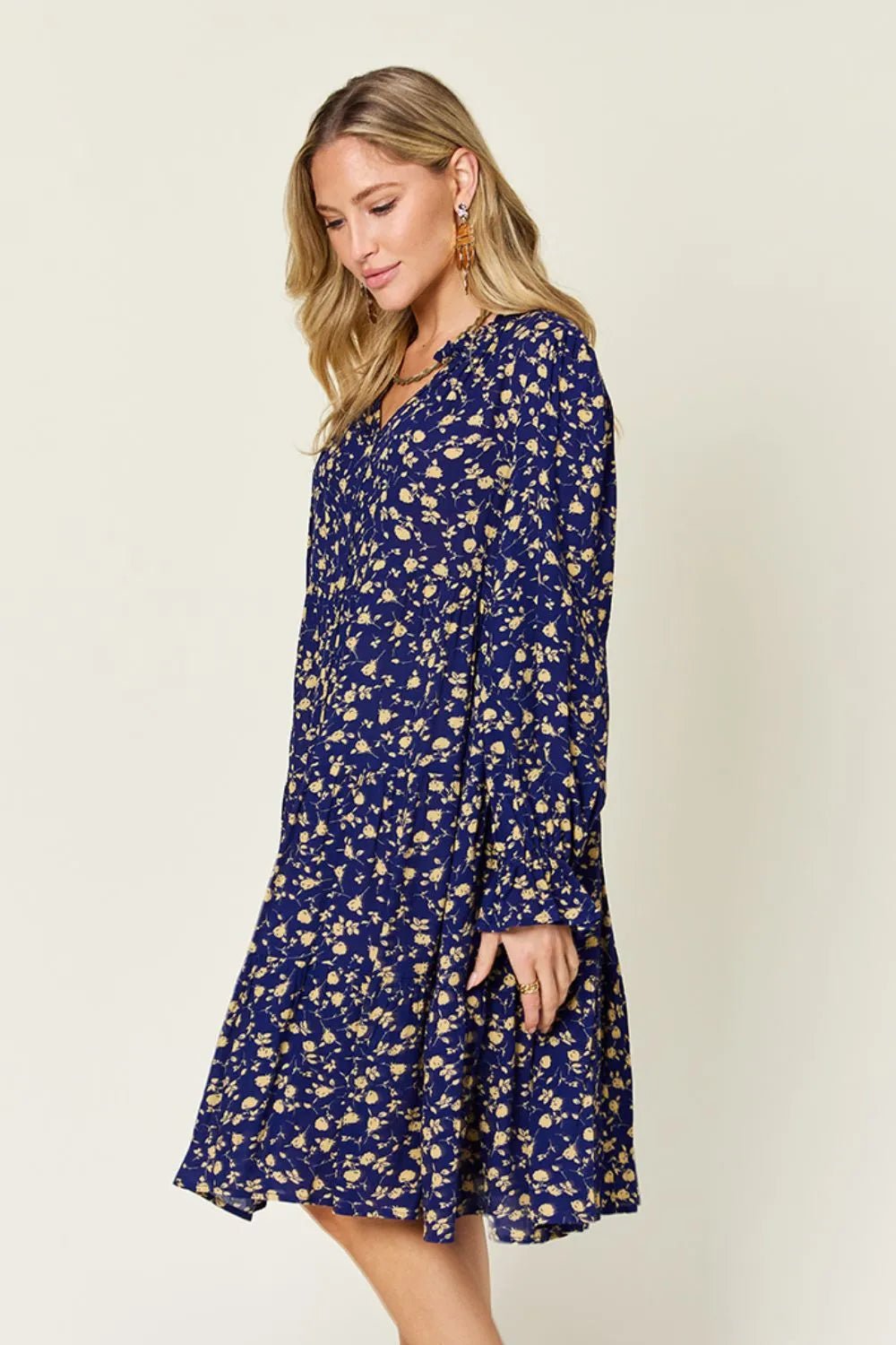 Double Take Full Size Printed Ruffle Hem Long Sleeve Tiered Dress - adritiX