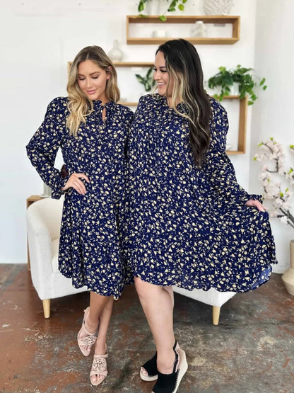 Double Take Full Size Printed Ruffle Hem Long Sleeve Tiered Dress - adritiX