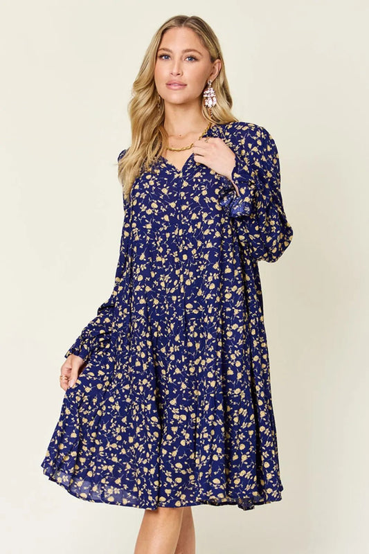 Double Take Full Size Printed Ruffle Hem Long Sleeve Tiered Dress - adritiX