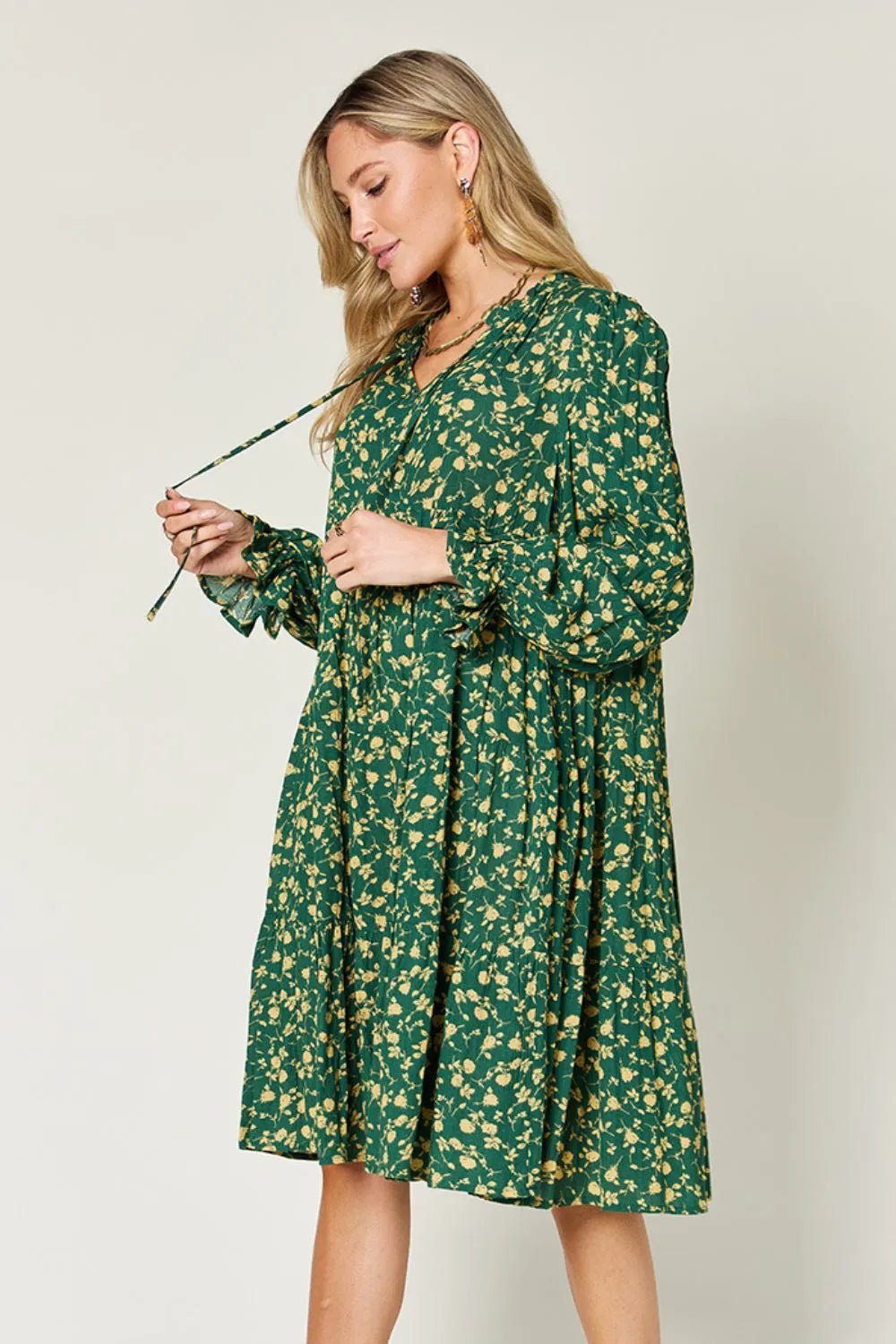 Double Take Full Size Printed Ruffle Hem Long Sleeve Tiered Dress - adritiX