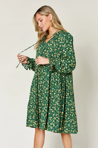 Double Take Full Size Printed Ruffle Hem Long Sleeve Tiered Dress - adritiX