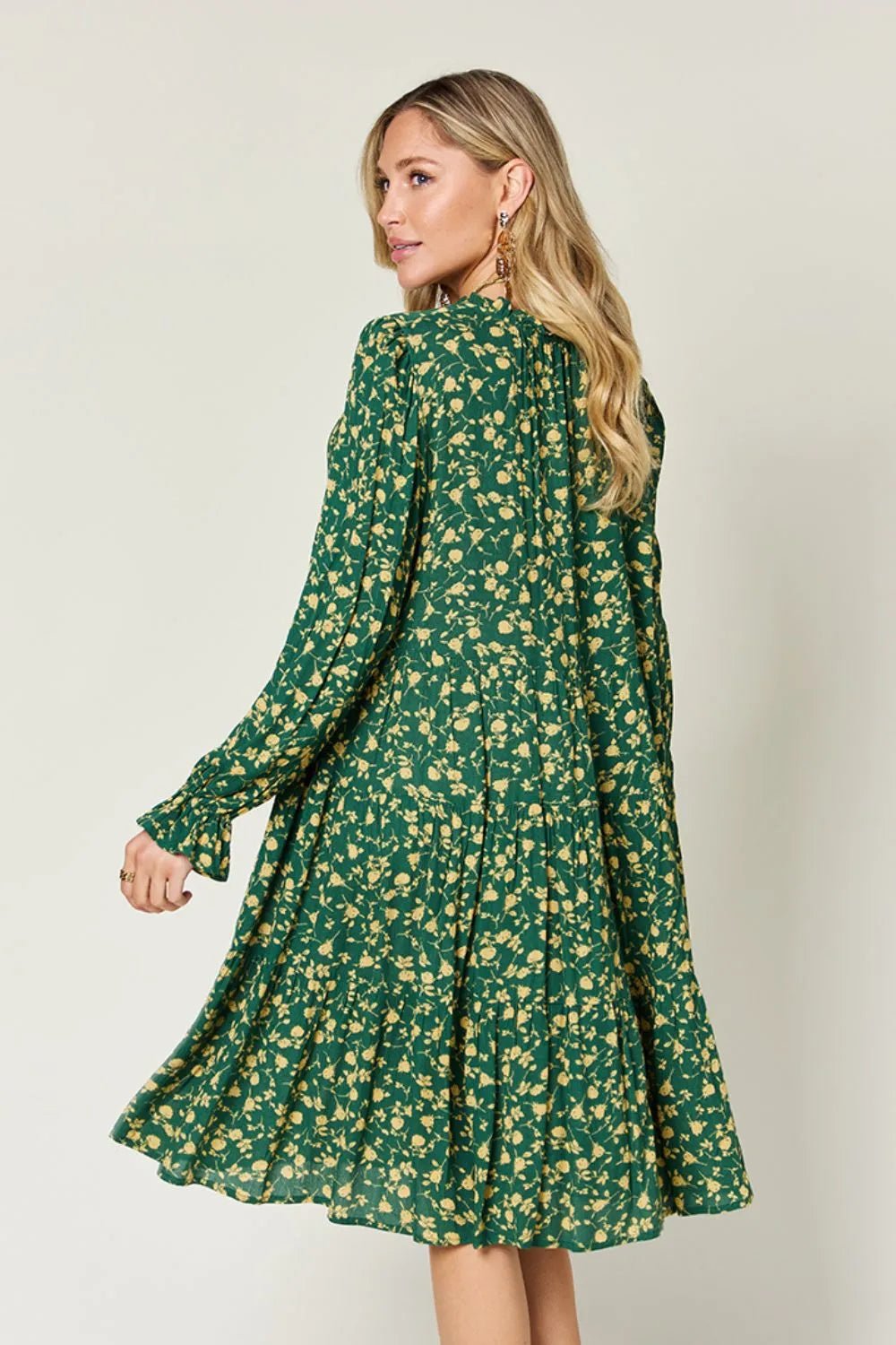 Double Take Full Size Printed Ruffle Hem Long Sleeve Tiered Dress - adritiX