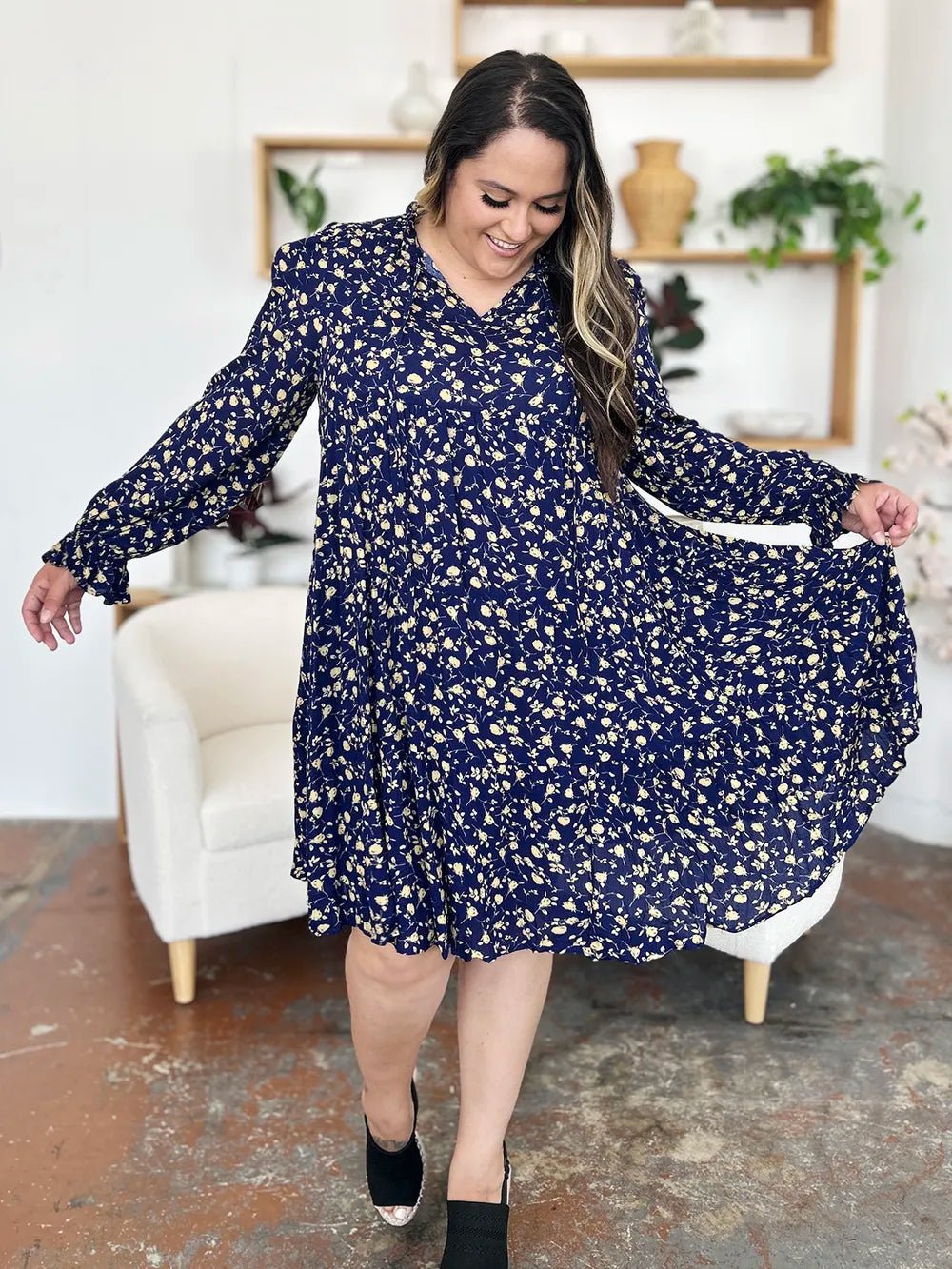 Double Take Full Size Printed Ruffle Hem Long Sleeve Tiered Dress - adritiX