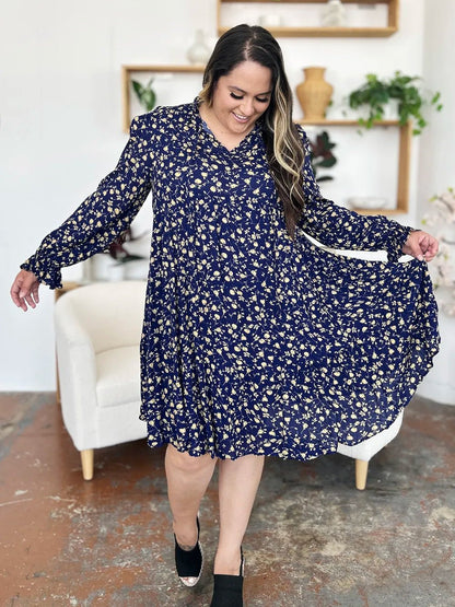 Double Take Full Size Printed Ruffle Hem Long Sleeve Tiered Dress - adritiX