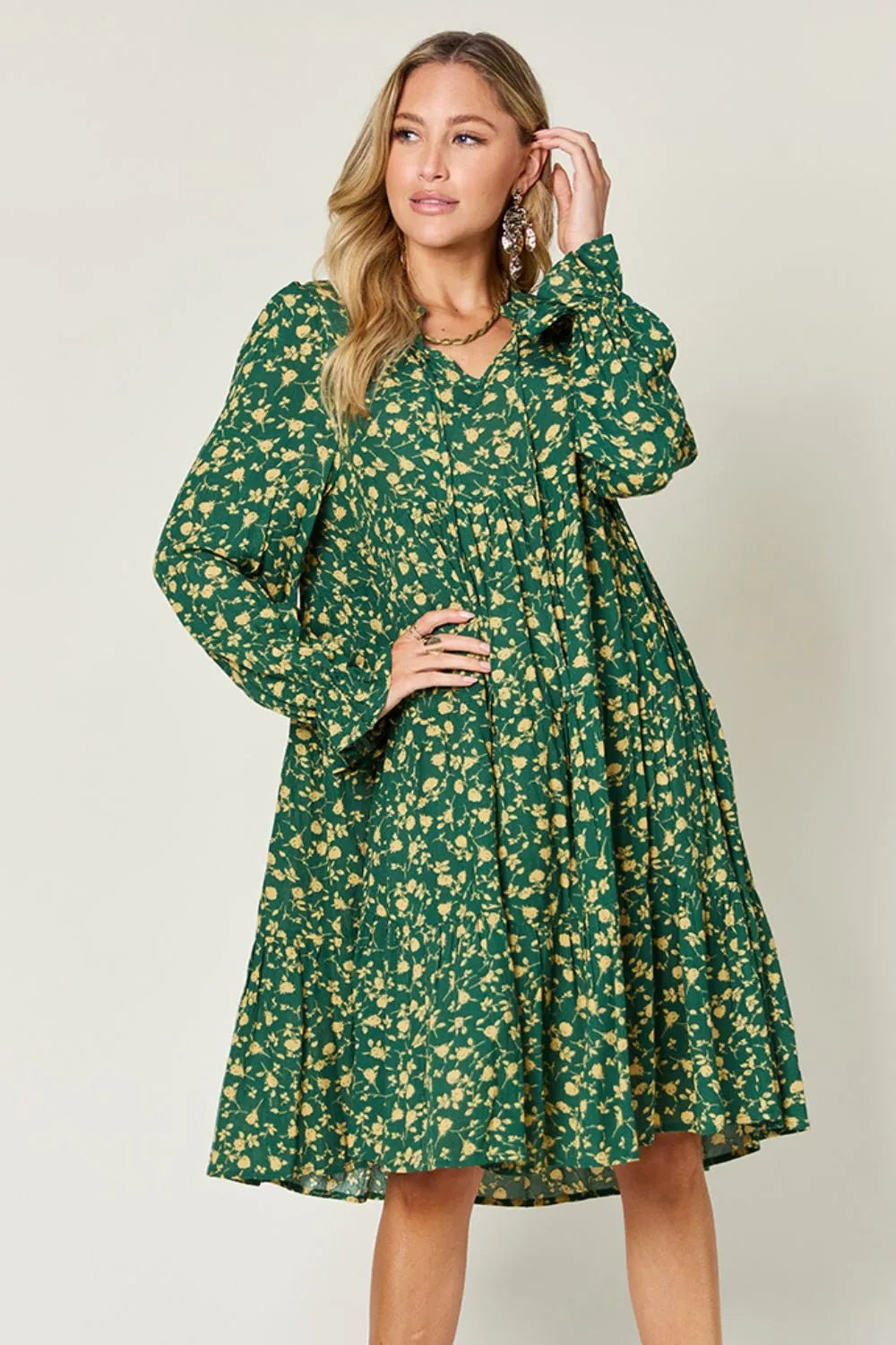 Double Take Full Size Printed Ruffle Hem Long Sleeve Tiered Dress - adritiX
