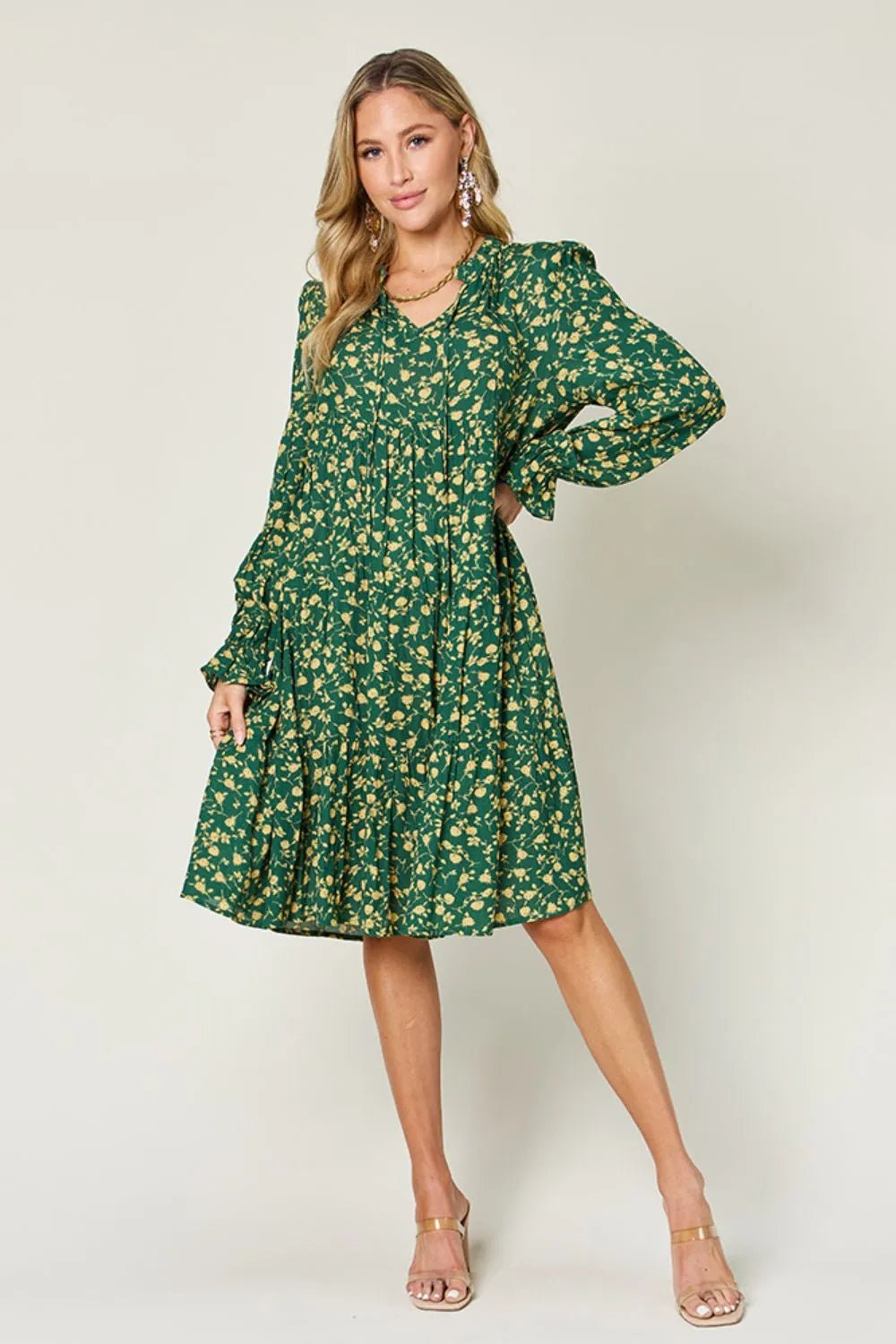 Double Take Full Size Printed Ruffle Hem Long Sleeve Tiered Dress - adritiX