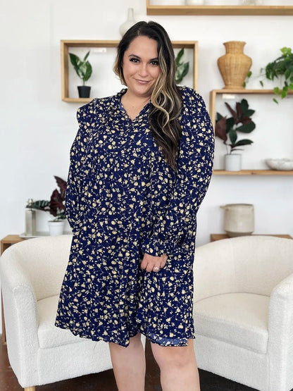 Double Take Full Size Printed Ruffle Hem Long Sleeve Tiered Dress - adritiX