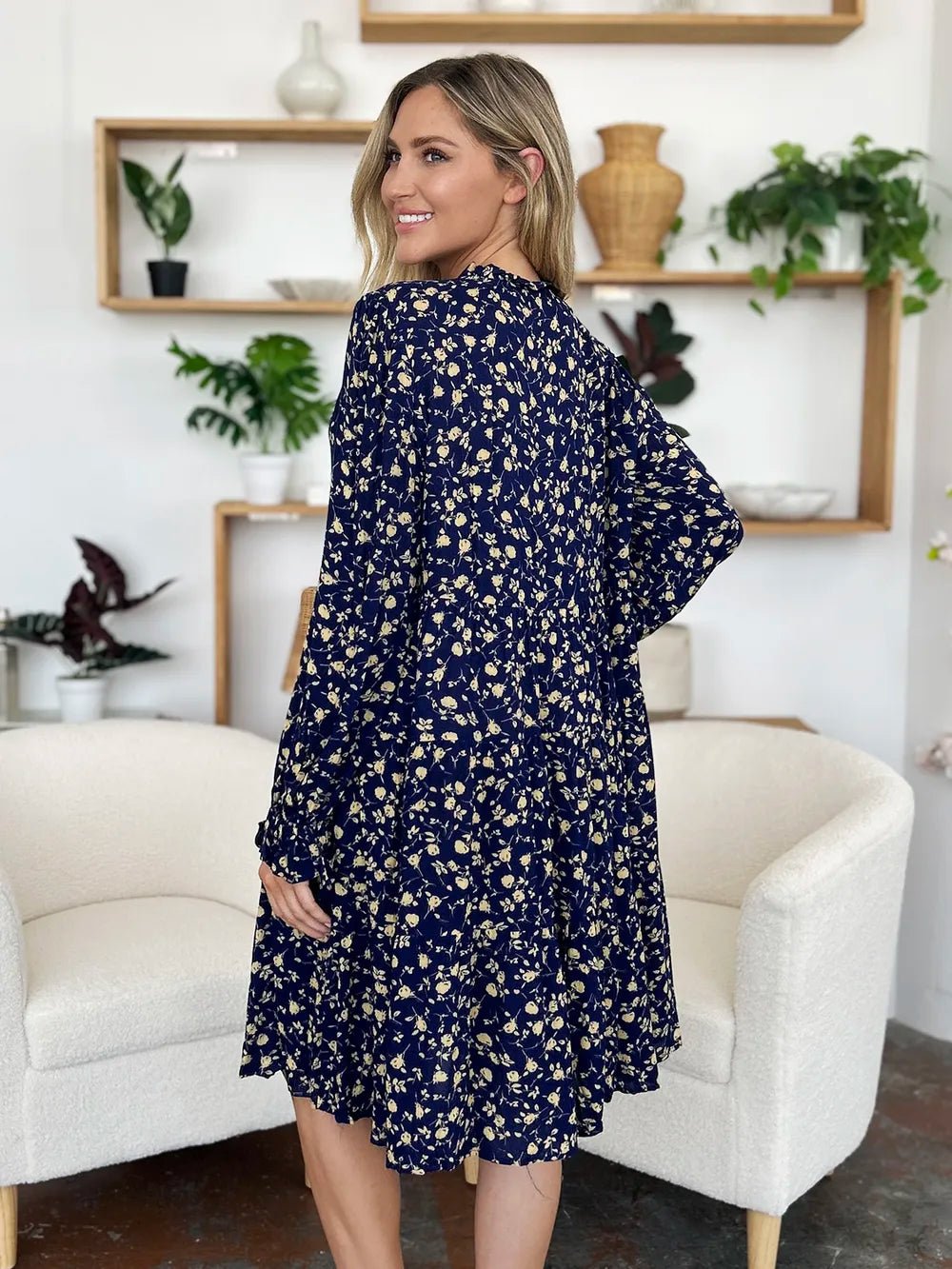 Double Take Full Size Printed Ruffle Hem Long Sleeve Tiered Dress - adritiX