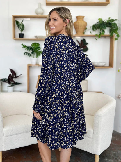 Double Take Full Size Printed Ruffle Hem Long Sleeve Tiered Dress - adritiX