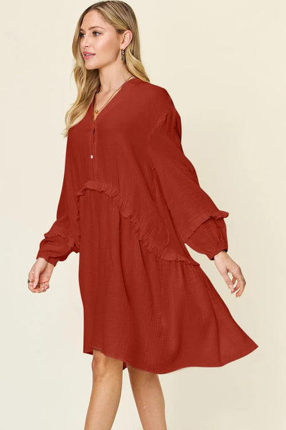 Double Take Full Size Texture Half Button Ruffle Trim Dress - adritiX