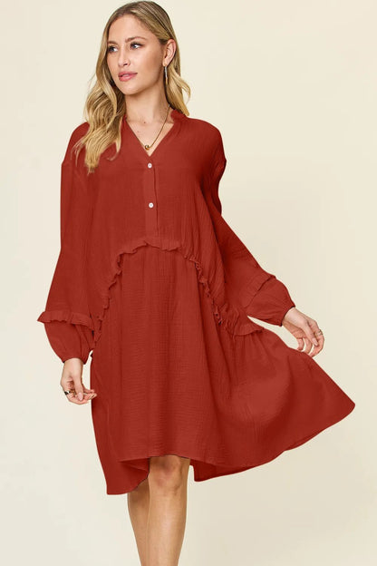 Double Take Full Size Texture Half Button Ruffle Trim Dress - adritiX