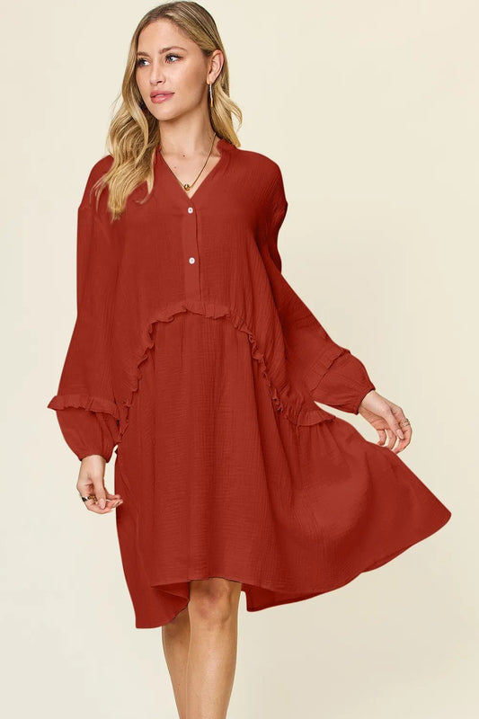 Double Take Full Size Texture Half Button Ruffle Trim Dress - adritiX