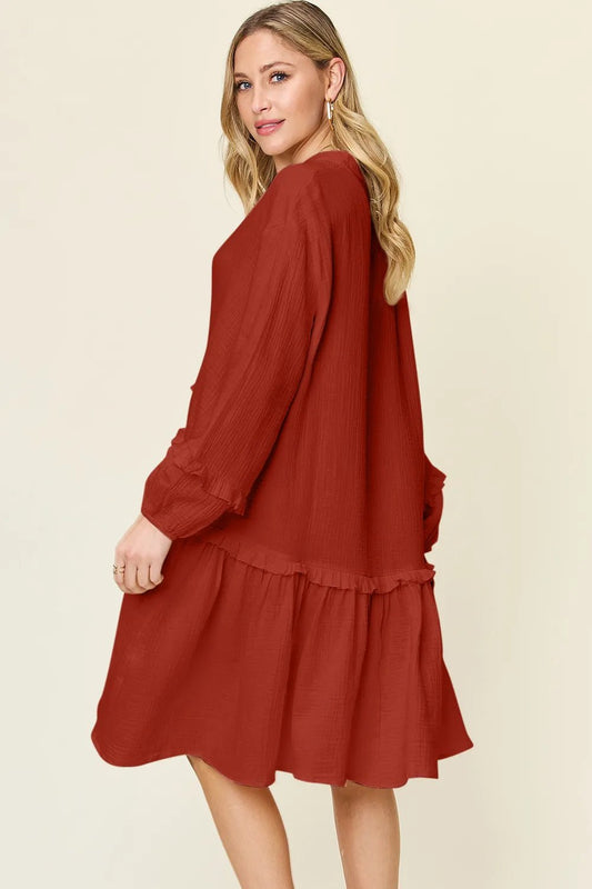 Double Take Full Size Texture Half Button Ruffle Trim Dress - adritiX
