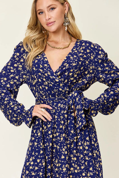 Double Take Full Size Tie Back Flounce Sleeve Dress - adritiX