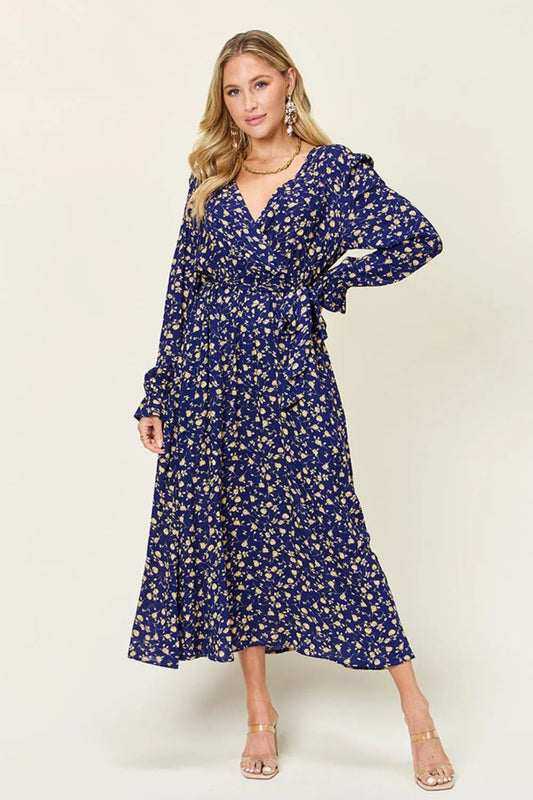 Double Take Full Size Tie Back Flounce Sleeve Dress - adritiX