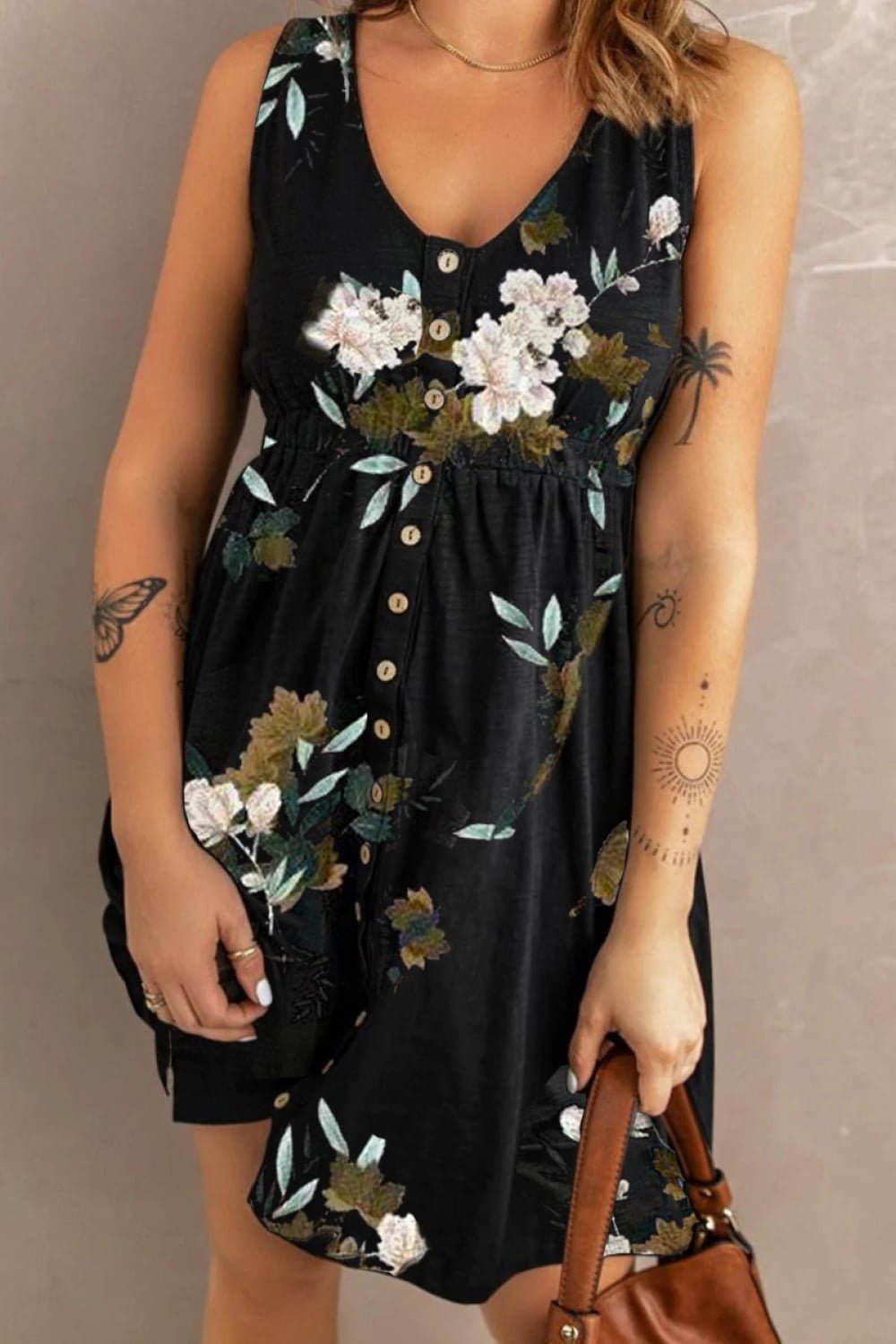 Double Take Printed Scoop Neck Sleeveless Buttoned Magic Dress with Pockets - adritiX