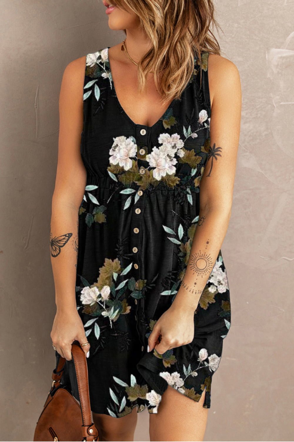 Double Take Printed Scoop Neck Sleeveless Buttoned Magic Dress with Pockets - adritiX