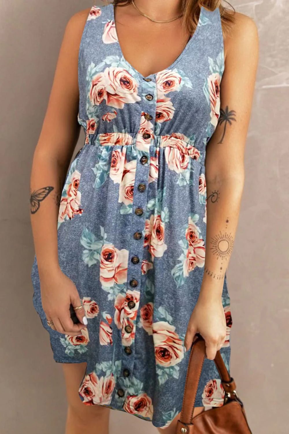 Double Take Printed Scoop Neck Sleeveless Buttoned Magic Dress with Pockets - adritiX