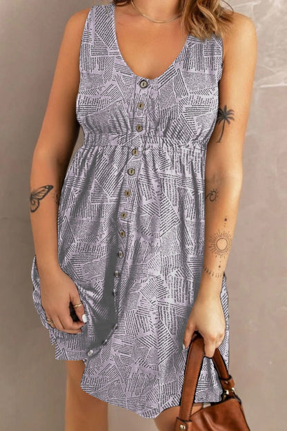 Double Take Printed Scoop Neck Sleeveless Buttoned Magic Dress with Pockets - adritiX