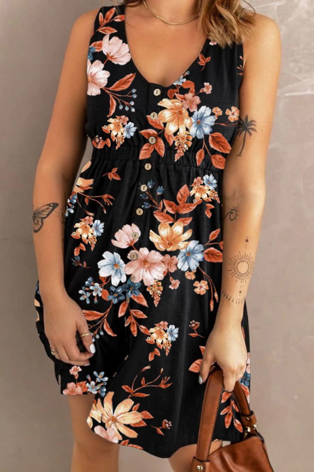 Double Take Printed Scoop Neck Sleeveless Buttoned Magic Dress with Pockets - adritiX