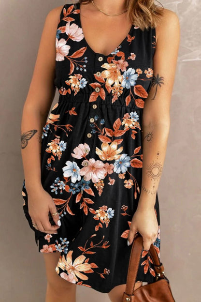 Double Take Printed Scoop Neck Sleeveless Buttoned Magic Dress with Pockets - adritiX