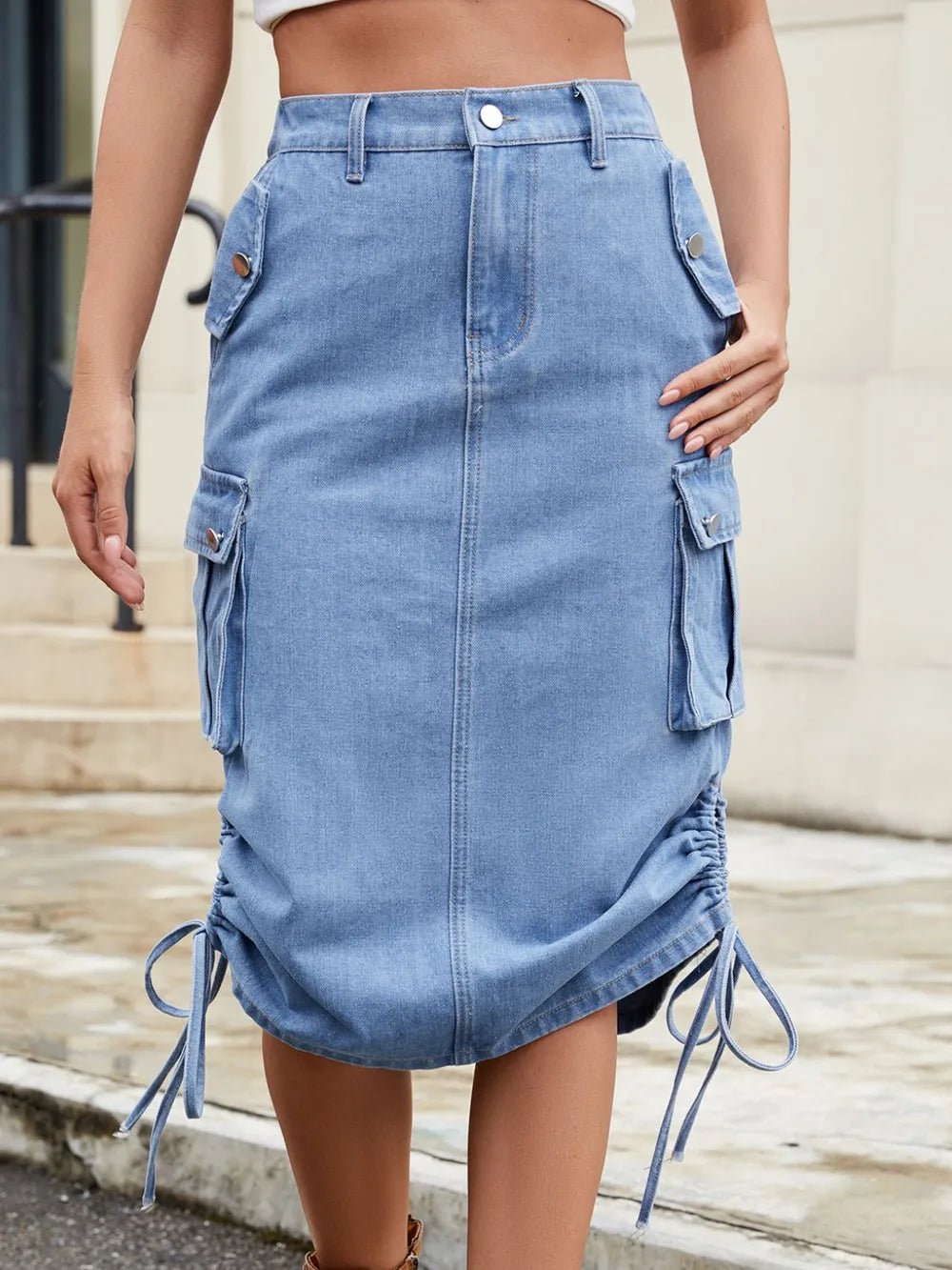 Drawstring Denim Skirt with Cargo Pockets - adritiX