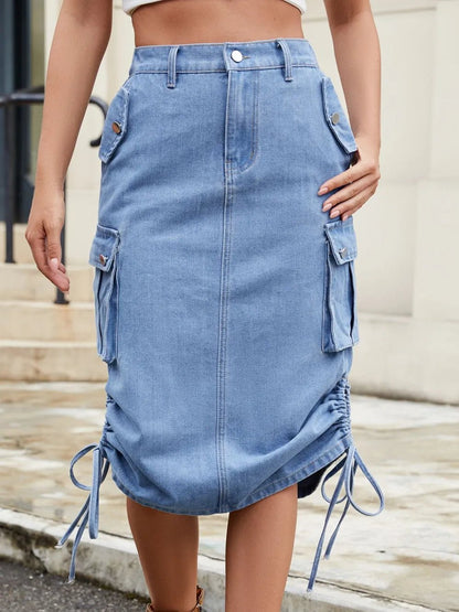 Drawstring Denim Skirt with Cargo Pockets - adritiX