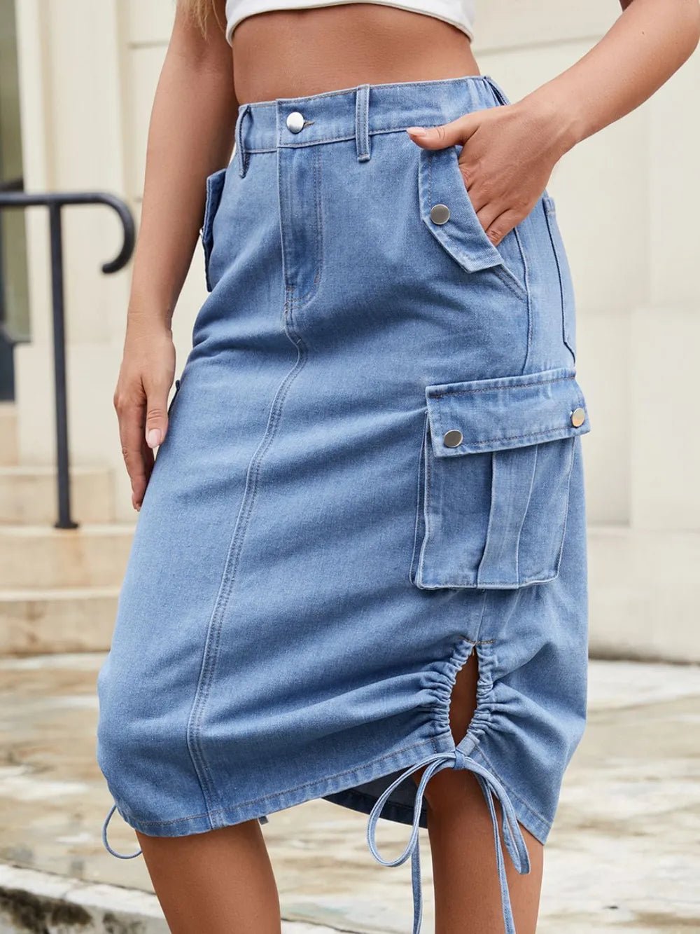 Drawstring Denim Skirt with Cargo Pockets - adritiX