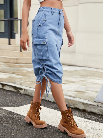 Drawstring Denim Skirt with Cargo Pockets - adritiX