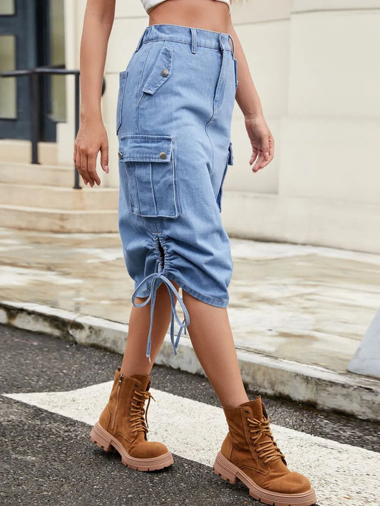 Drawstring Denim Skirt with Cargo Pockets - adritiX